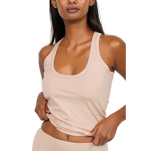 Long Scoop Tank - Set of 3 in soft nude color on model.