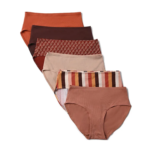 Set of 6 hipster underwear in earthy tones and patterns.