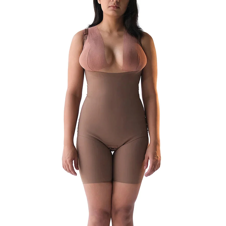 Full bodysuit on a model showcasing comfortable shapewear design.
