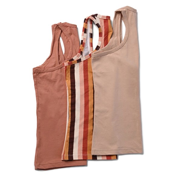 Long Scoop Tank Set of 3 in earthy tones and stripes.