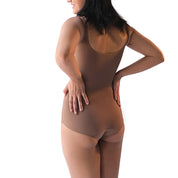 Woman wearing a seamless brown bodysuit from the back.
