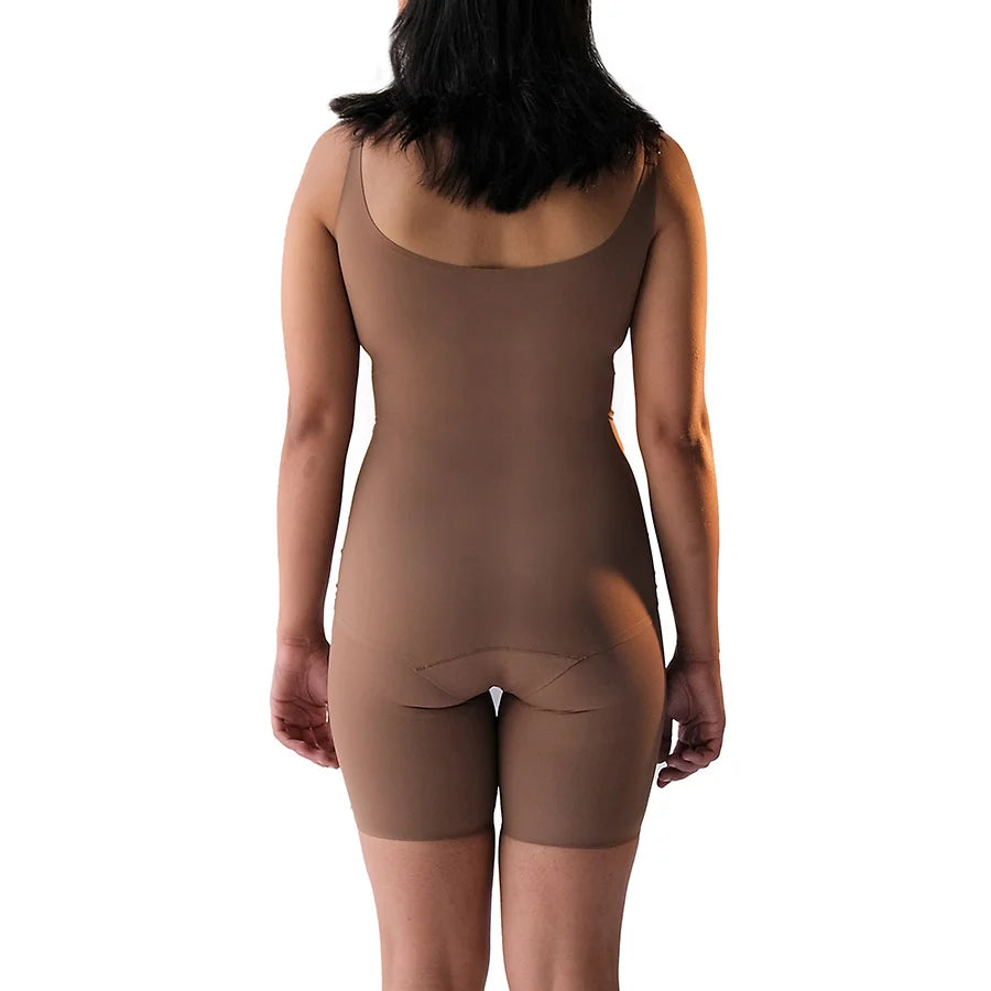 Full bodysuit in brown, showcasing back view on model.