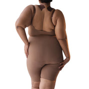 Brown full bodysuit model showcasing smooth, seamless fit from back.