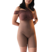 Model wearing "Shorty" shapewear bodysuit in neutral tones.