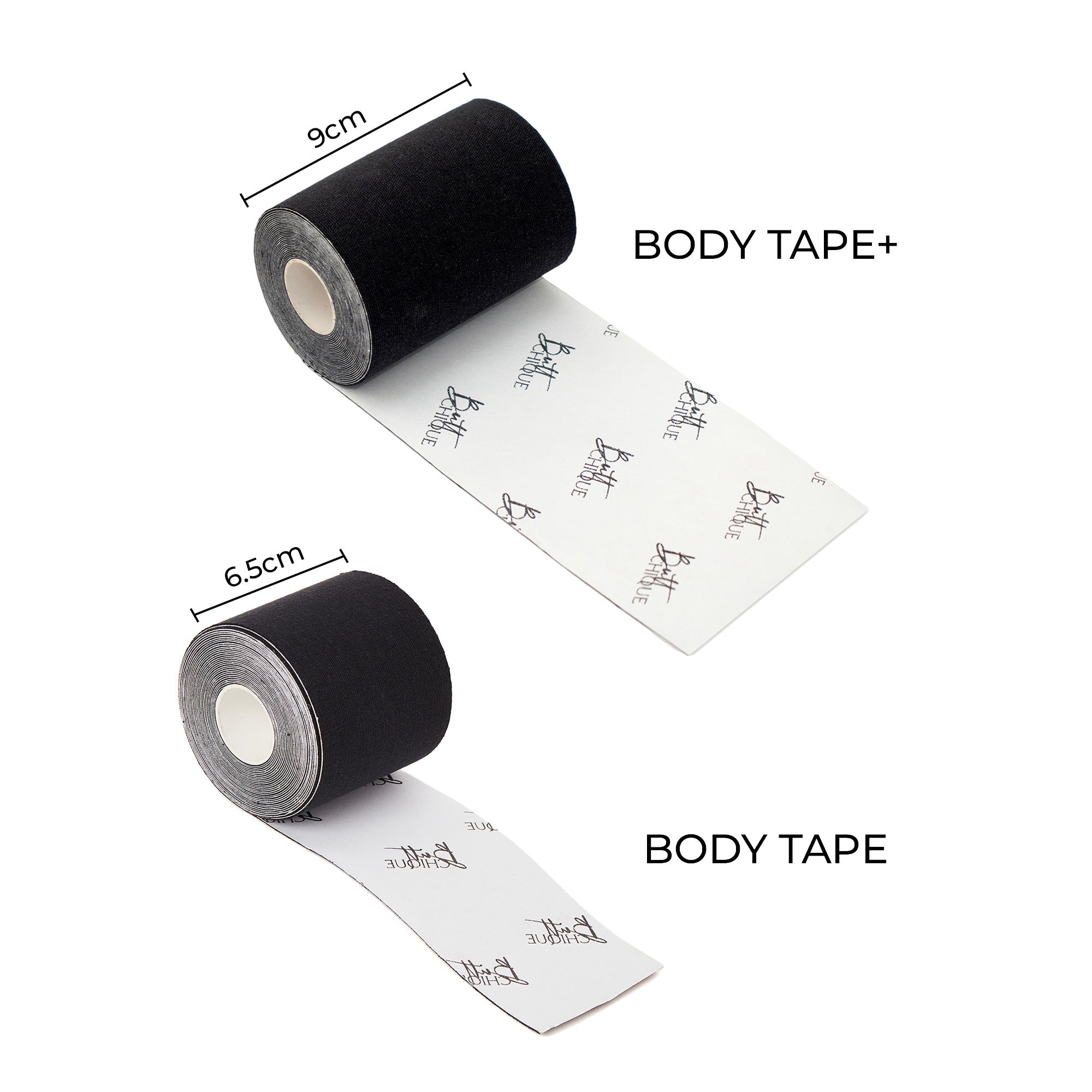 Black body tape rolls displayed with measurements for size reference.