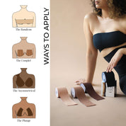 Body Tape+ application guide with various styles illustrated and product display.