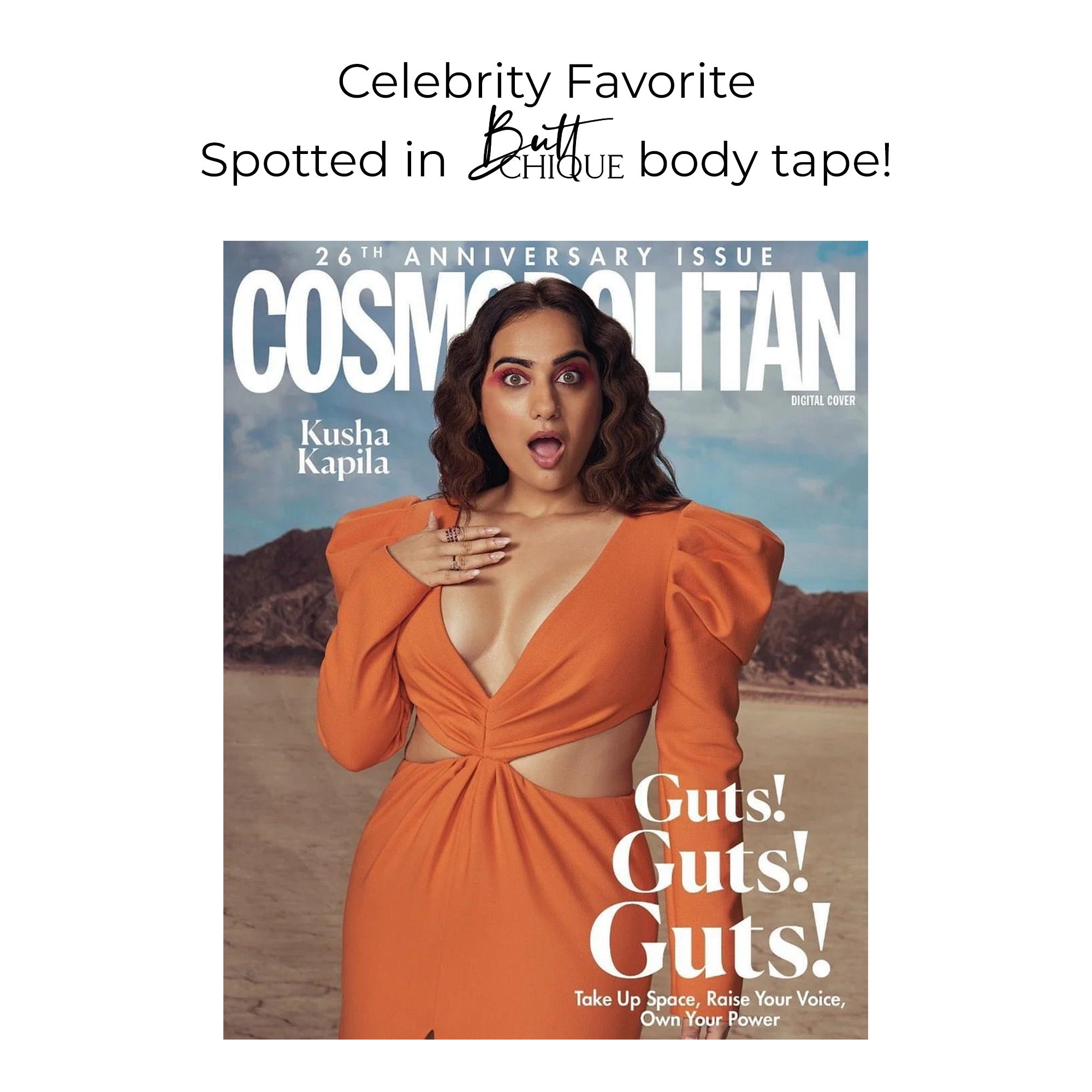 Celebrity favorite Kusha Kapila promoting Body Tape on Cosmopolitan cover.