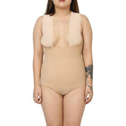 Nude bodysuit with plunging neckline and wide straps.