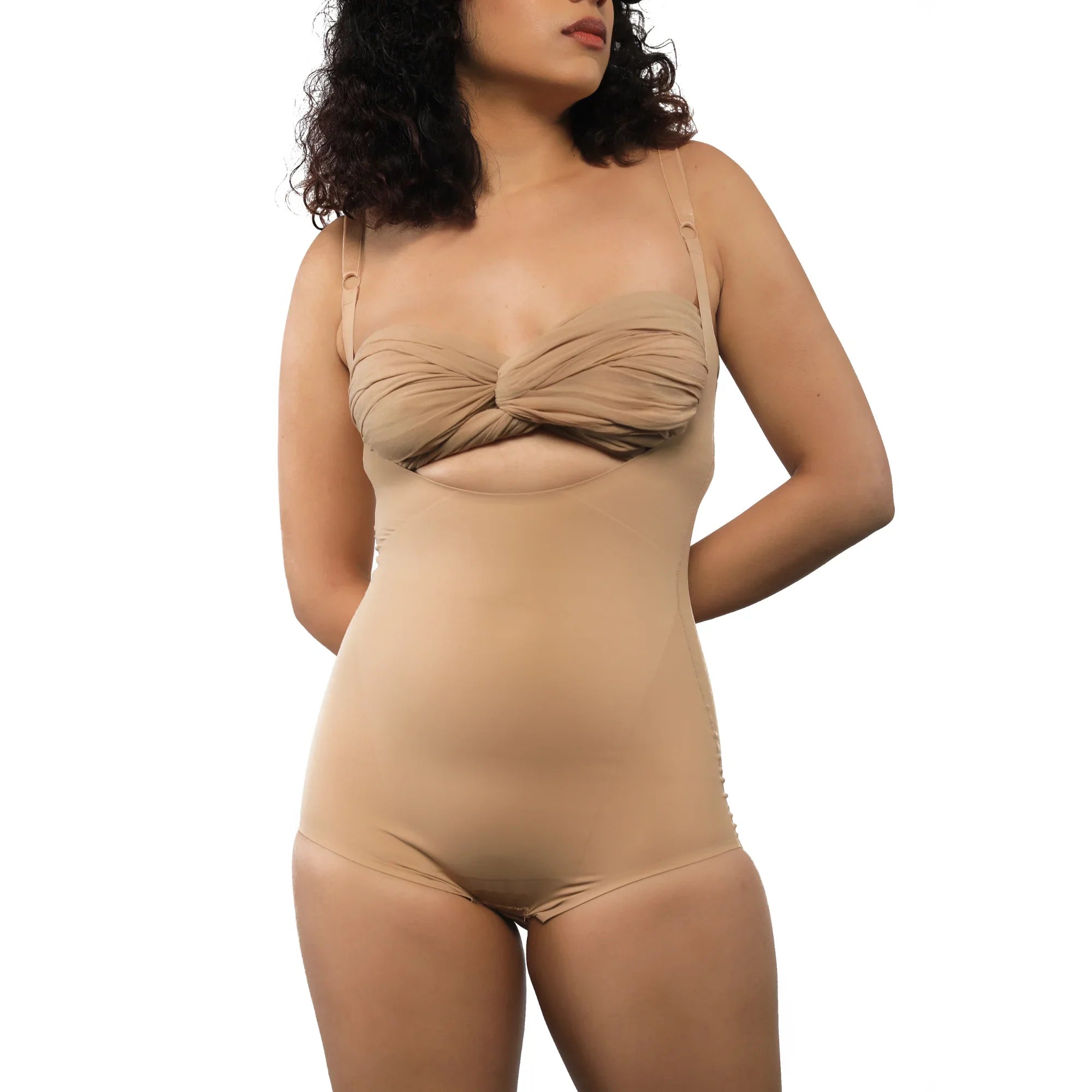 Stylish women's bodysuit in tan with knotted design.