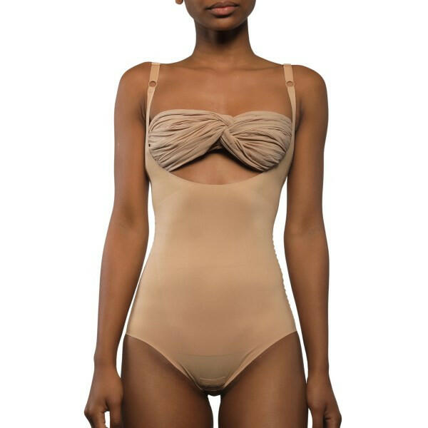 Stylish nude bodysuit with twisted detail for versatile styling.