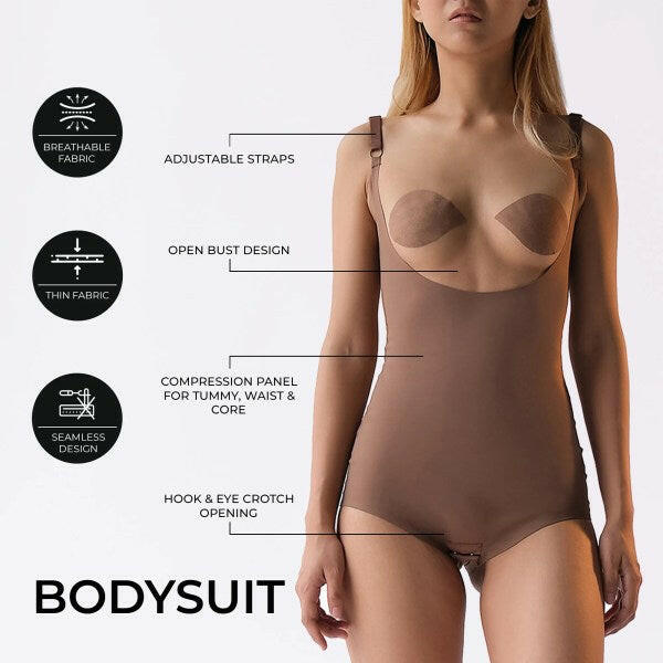 Bodysuit features adjustable straps, open bust, and seamless design.