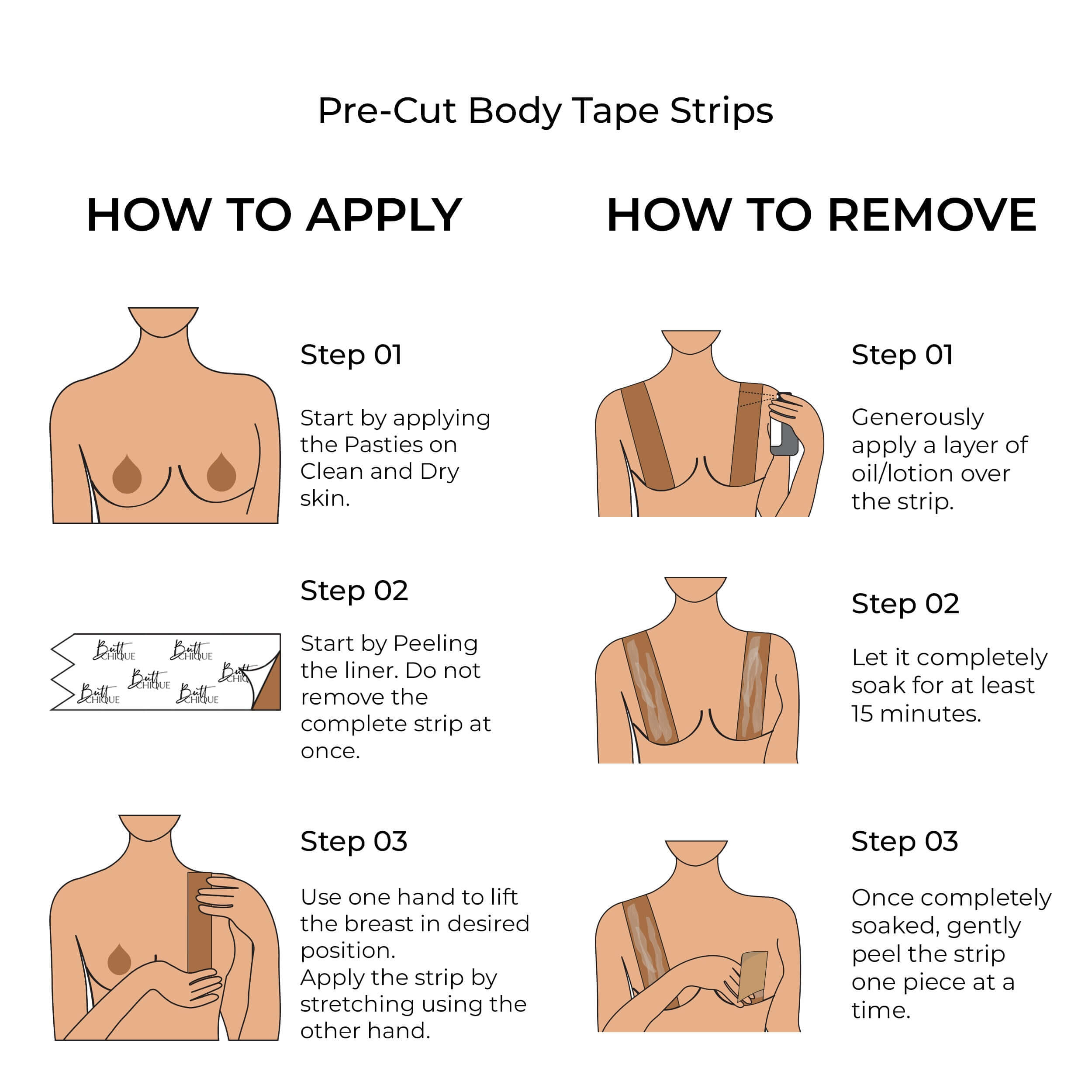 Step-by-step guide for applying and removing body tape strips.