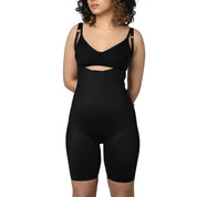 Black full bodysuit featuring adjustable straps and cutout design.