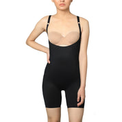 "Model wearing black full bodysuit for shape and support."