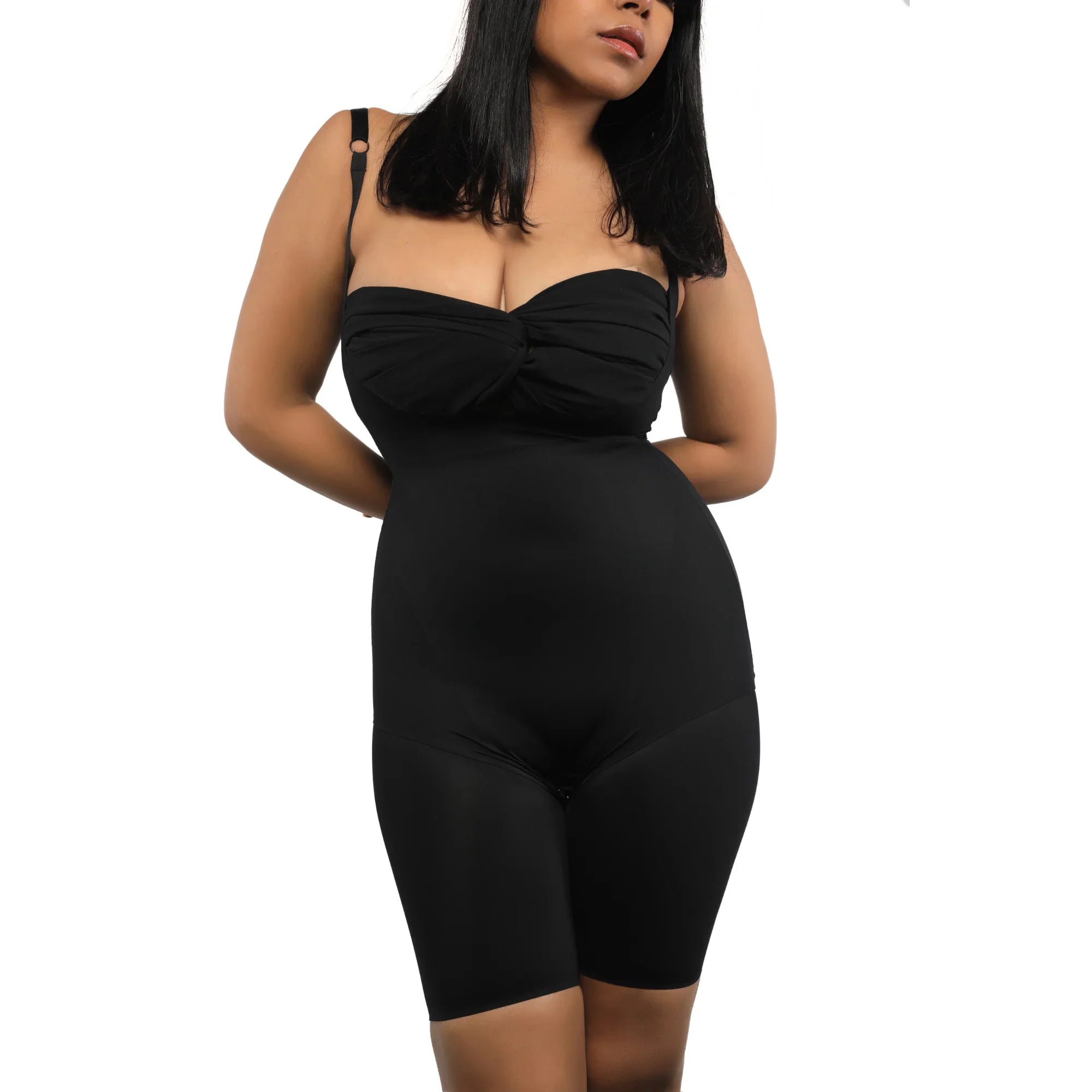 Stylish black full bodysuit with adjustable straps for a perfect fit.