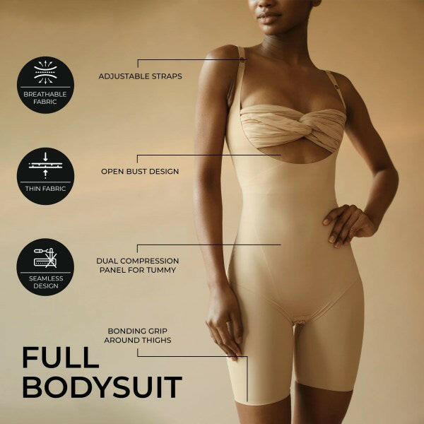 Full bodysuit with adjustable straps and breathable fabric features.