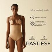 Nude model showcasing waterproof and sweat-proof Pasties Plus+ product.