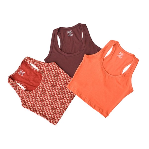 Set of 3 colorful crop racer tanks for stylish layering.