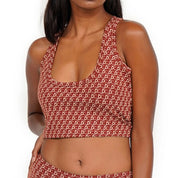 Crop Racer Tank top in stylish brown pattern, perfect for casual wear.