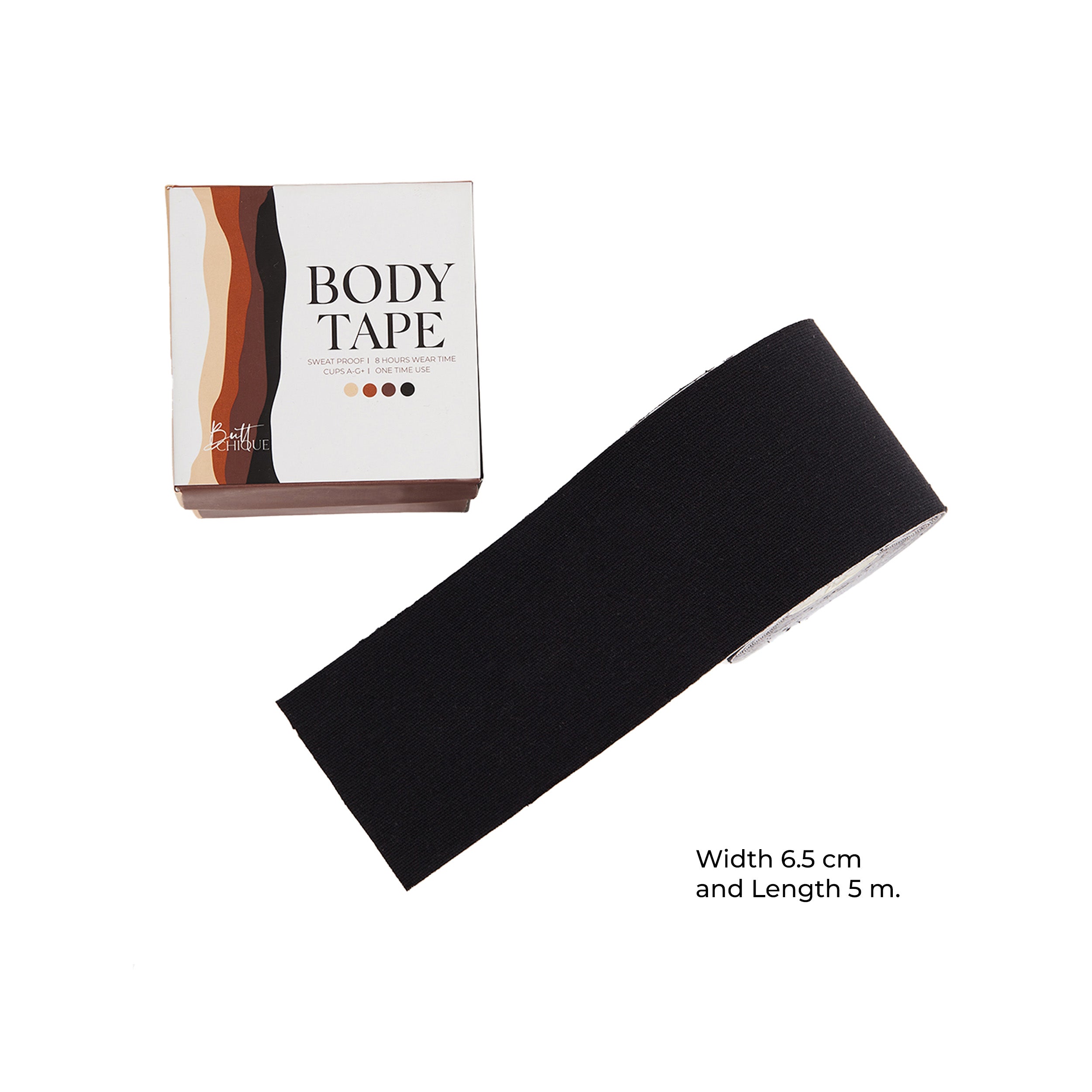 Black body tape in box for secure support and styling.