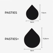 Black fabric pasties with size measurements for Pasties Plus+ product.