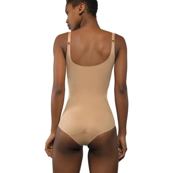 Women's nude bodysuit featuring adjustable straps and a smooth fit.