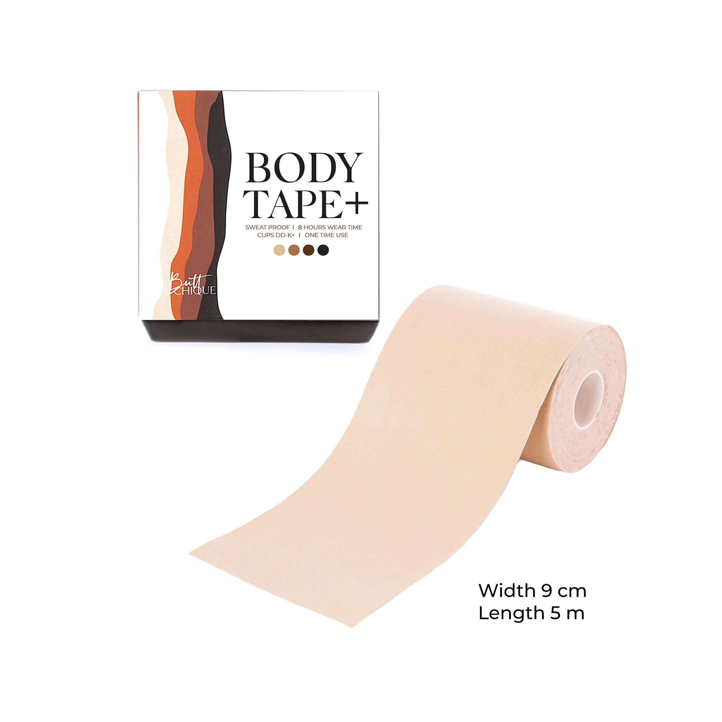 Body Tape+ packaging and product roll, 9 cm wide, 5 m long.