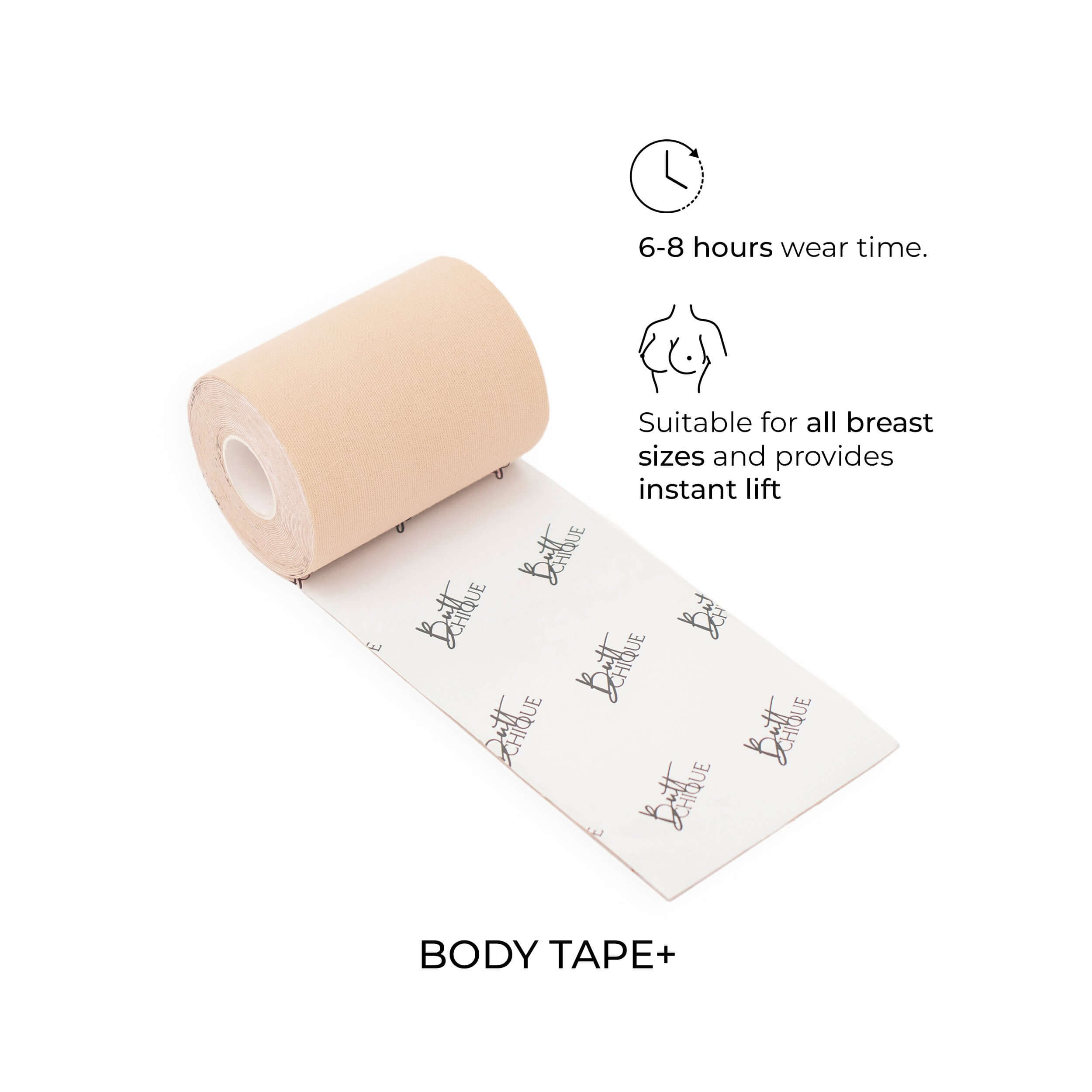 "Body Tape+ for instant lift, 6-8 hours wear, suitable for all sizes."