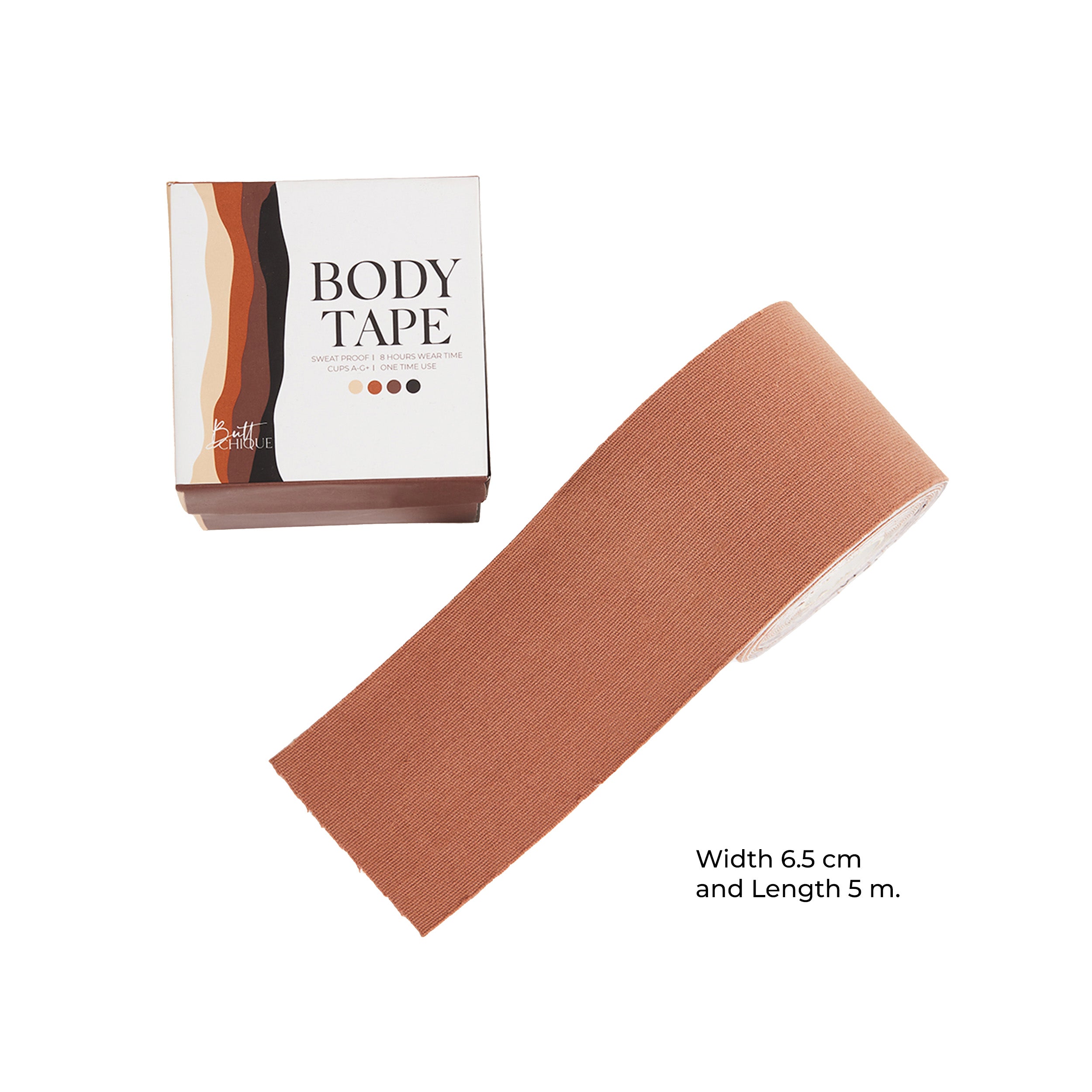 Body Tape roll with box, 6.5 cm wide, 5 m long.