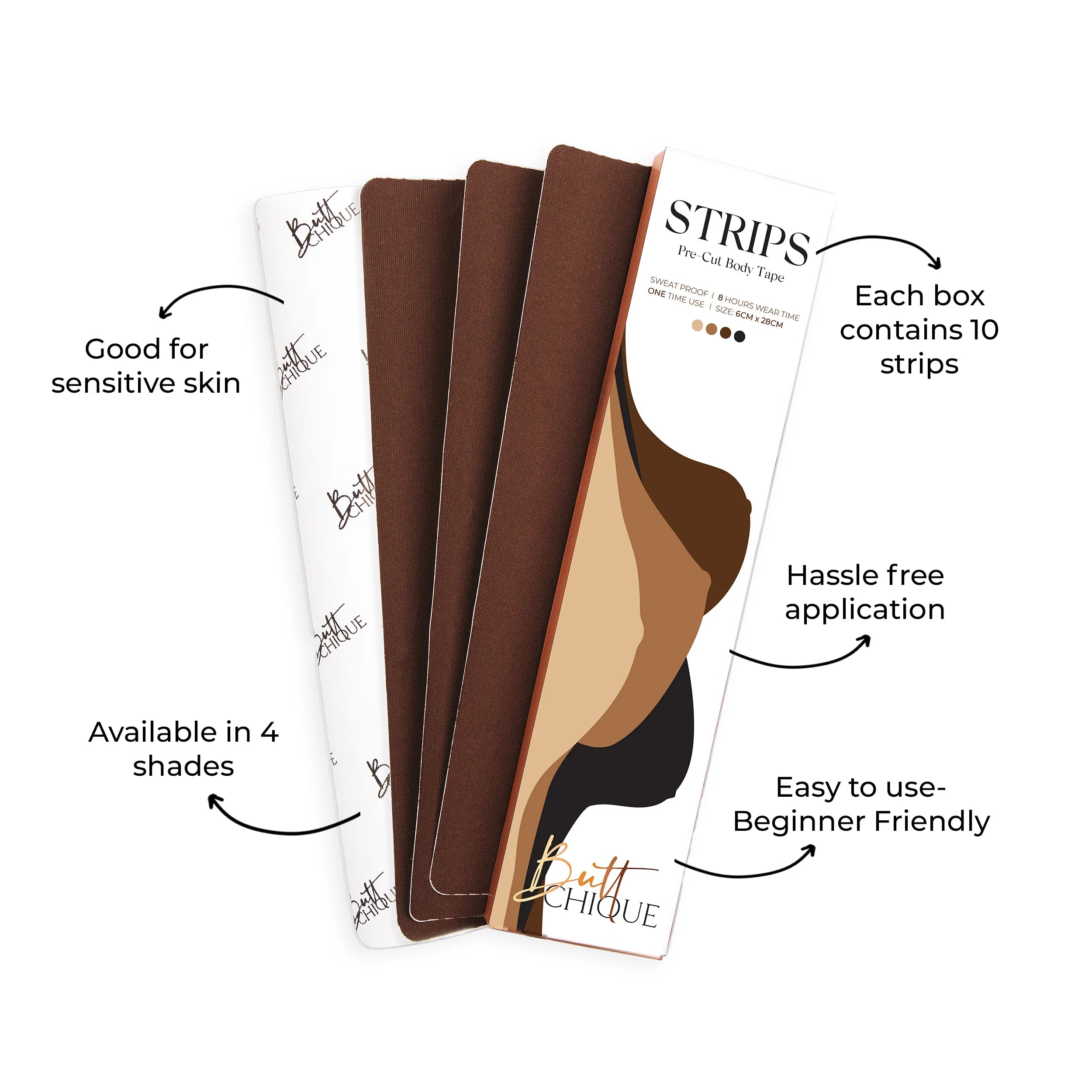 Body Tape Strips pack of 10 for sensitive skin, available in four shades.