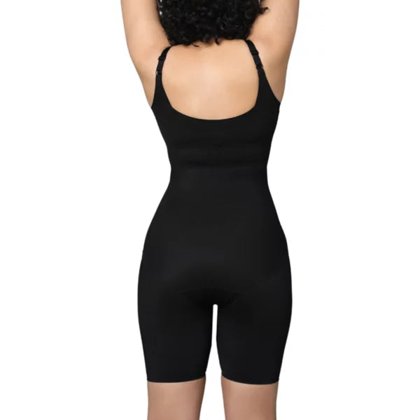 Black full bodysuit for women, back view with adjustable straps.