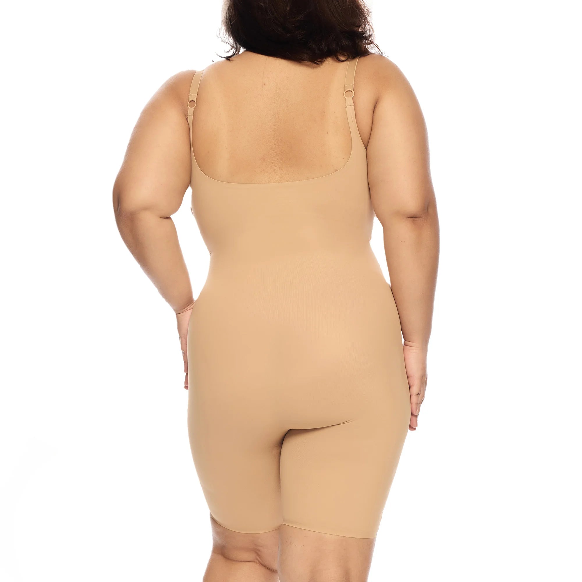 Mid-thigh bodysuit shown in a neutral tone, back view.