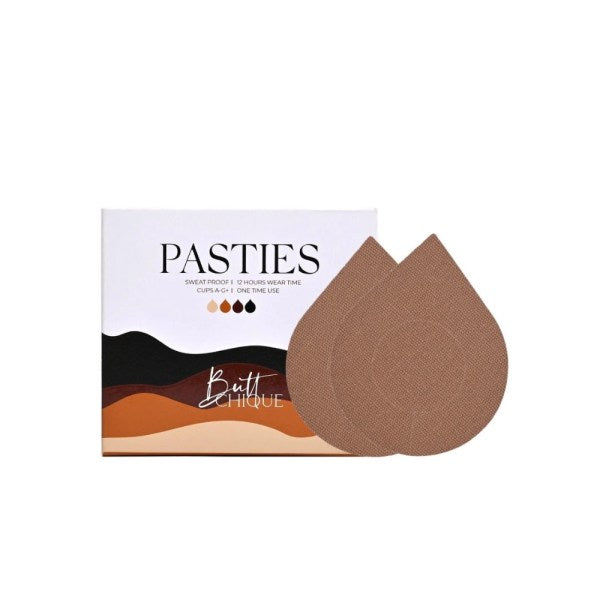 Pasties product box with two skin-tone adhesive pasties for one-time use.