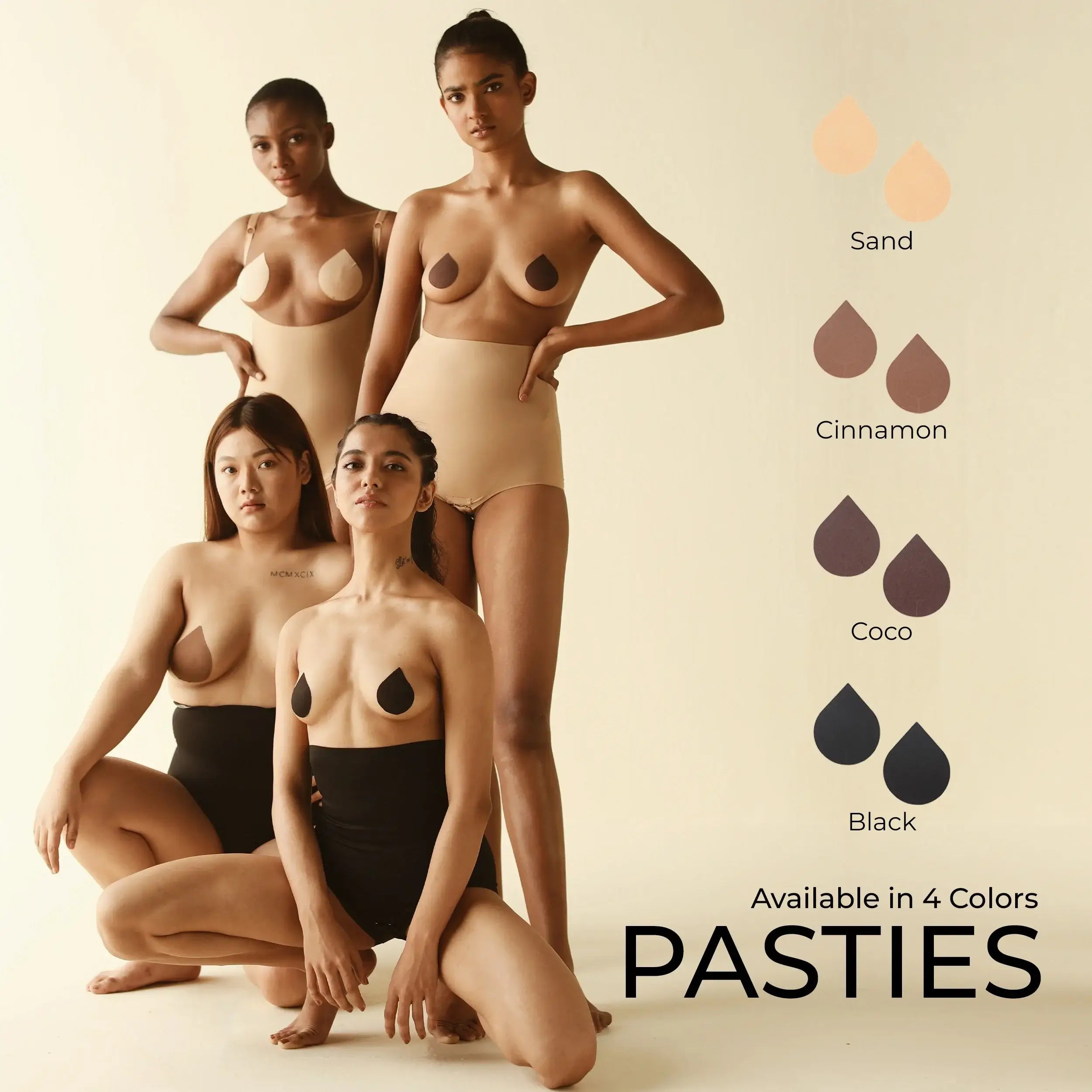 Assorted pasties trial pack with models showcasing four colors.