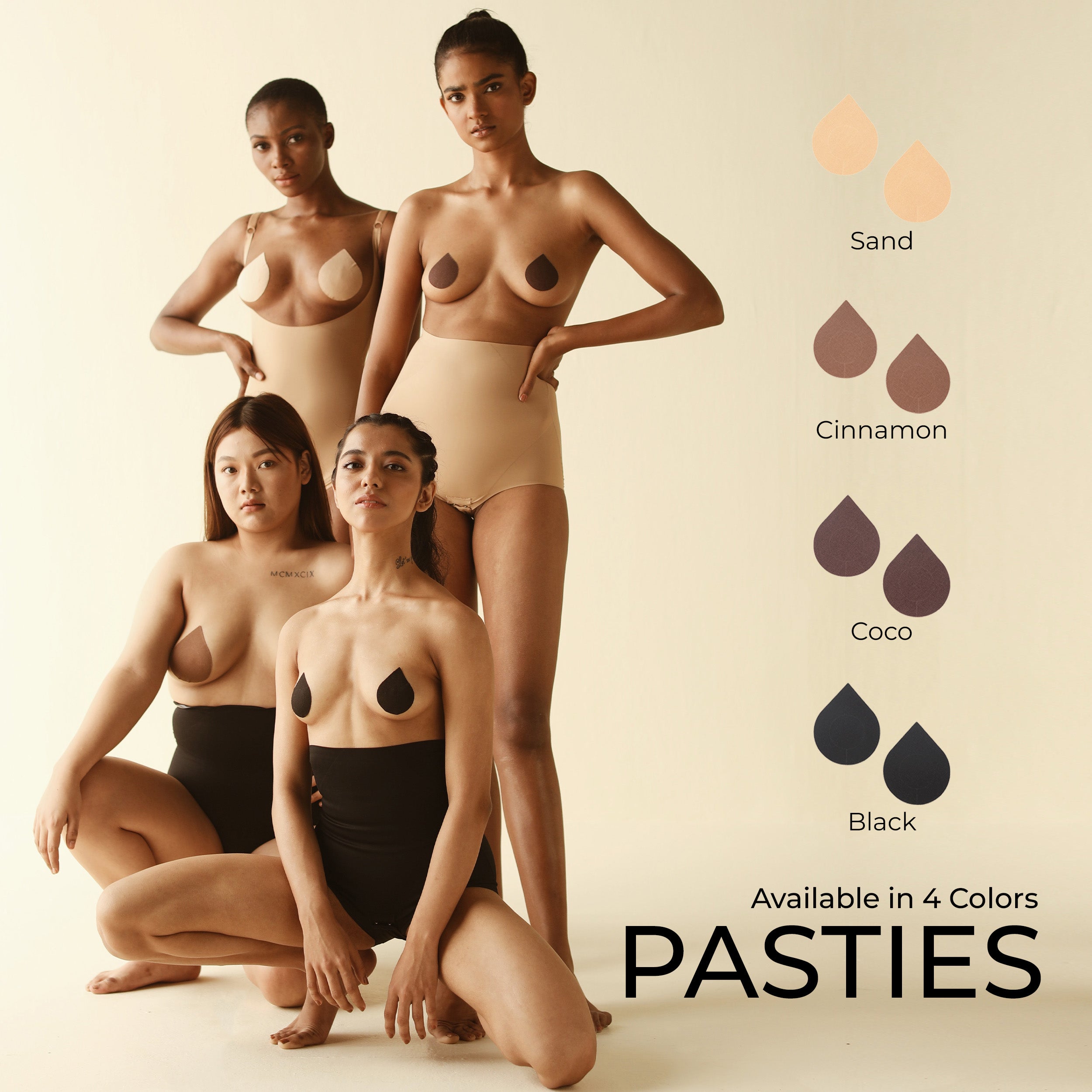 Group of models showcasing pasties available in four colors.