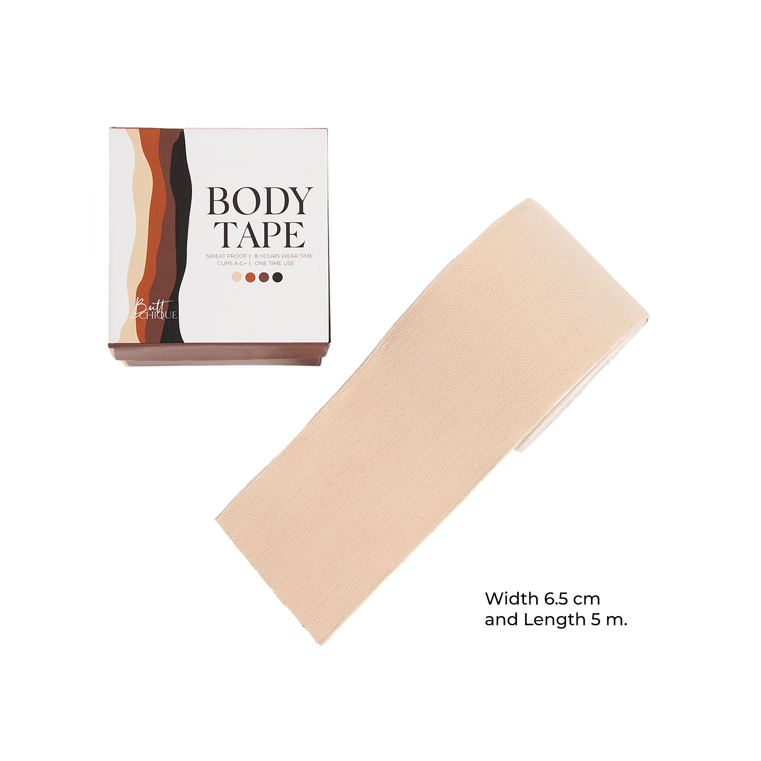 Body Tape for secure, sweat-proof support, 6.5cm wide, 5m long.