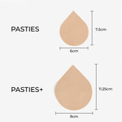 Pasties size guide showing dimensions for Pasties and Pasties+.