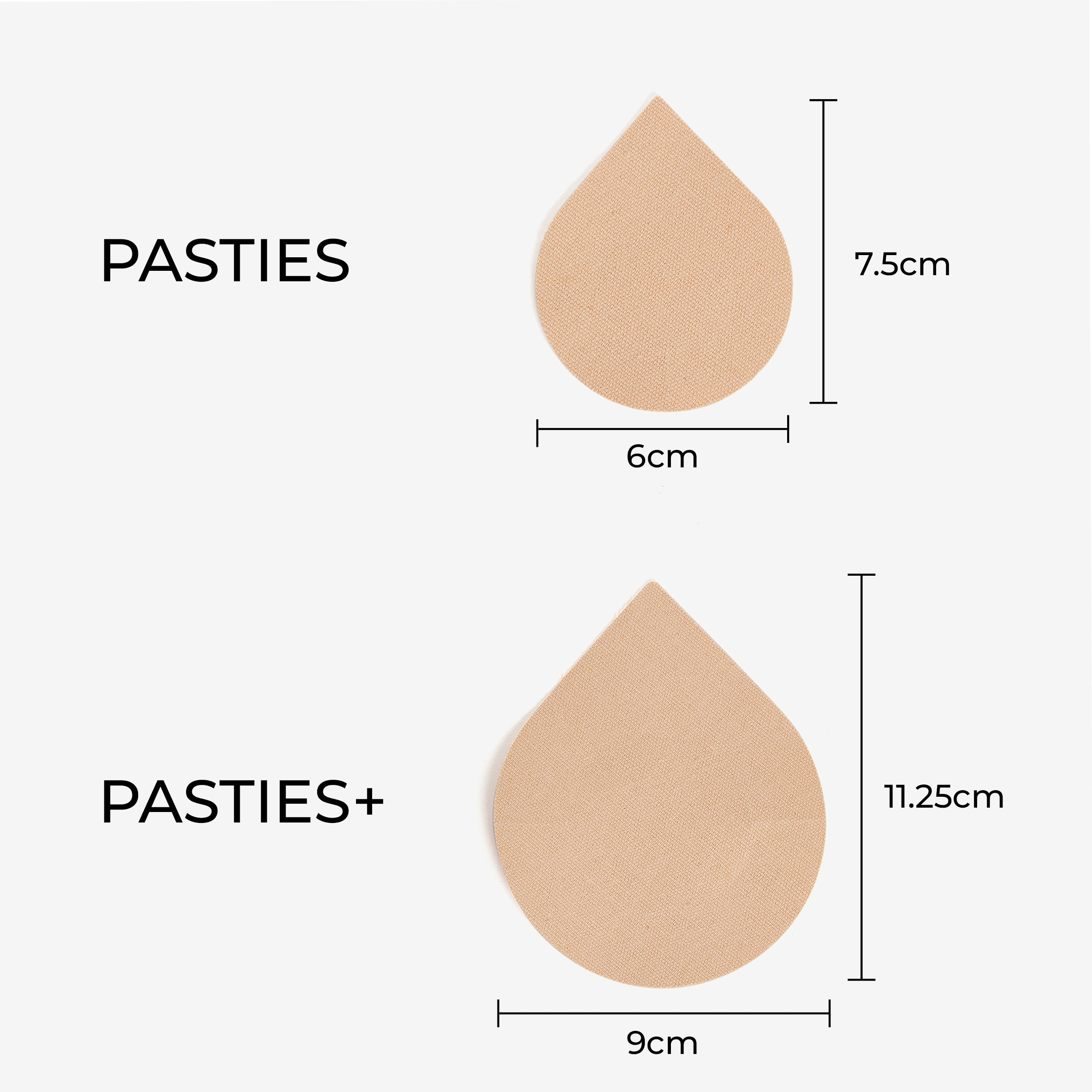 Pasties size guide showing dimensions for Pasties and Pasties+.