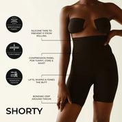 "Shorty body shaper features breathable fabric and silicone tape."