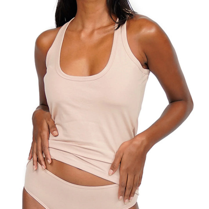 Long Scoop Tank top in soft beige, model showcasing comfortable fit.